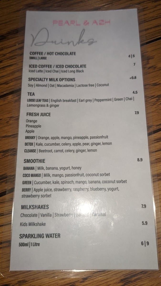 Pearl & Ash Cafe menu board