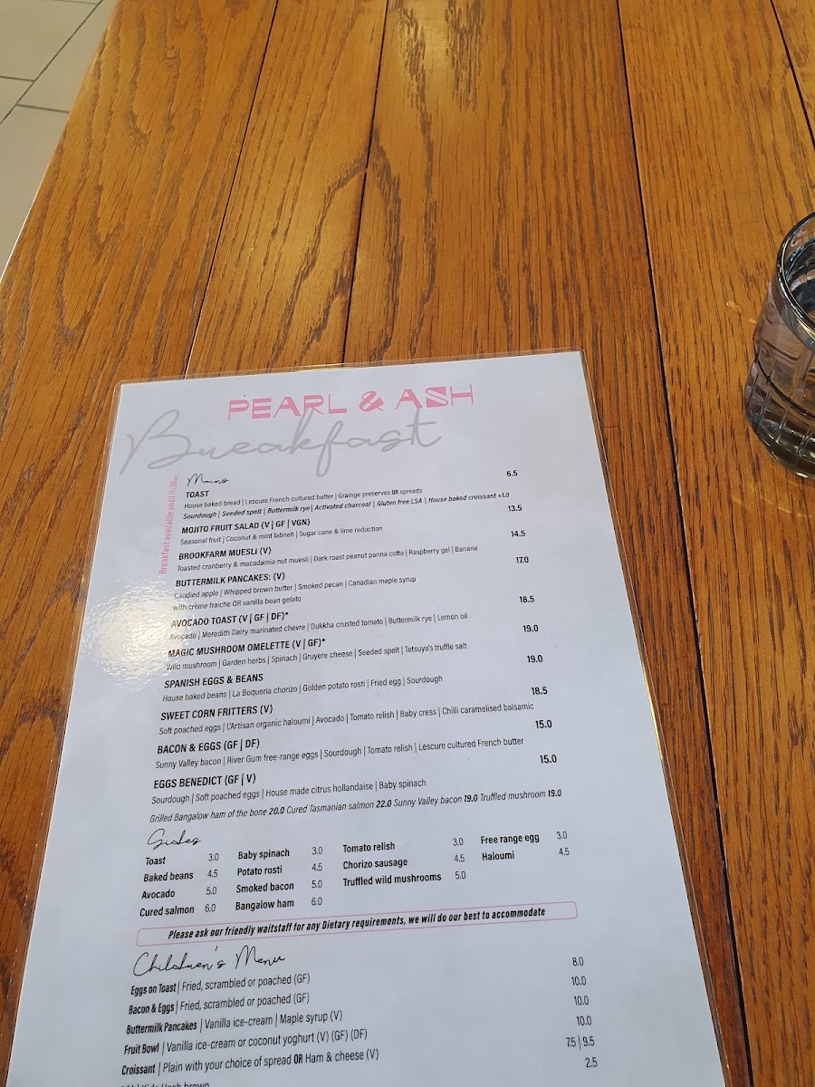 Pearl & Ash Cafe menu board