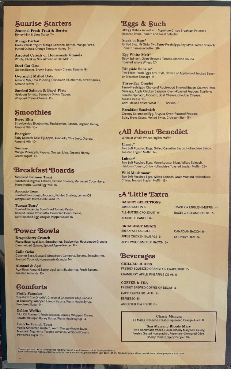 Ringside Restaurant menu board