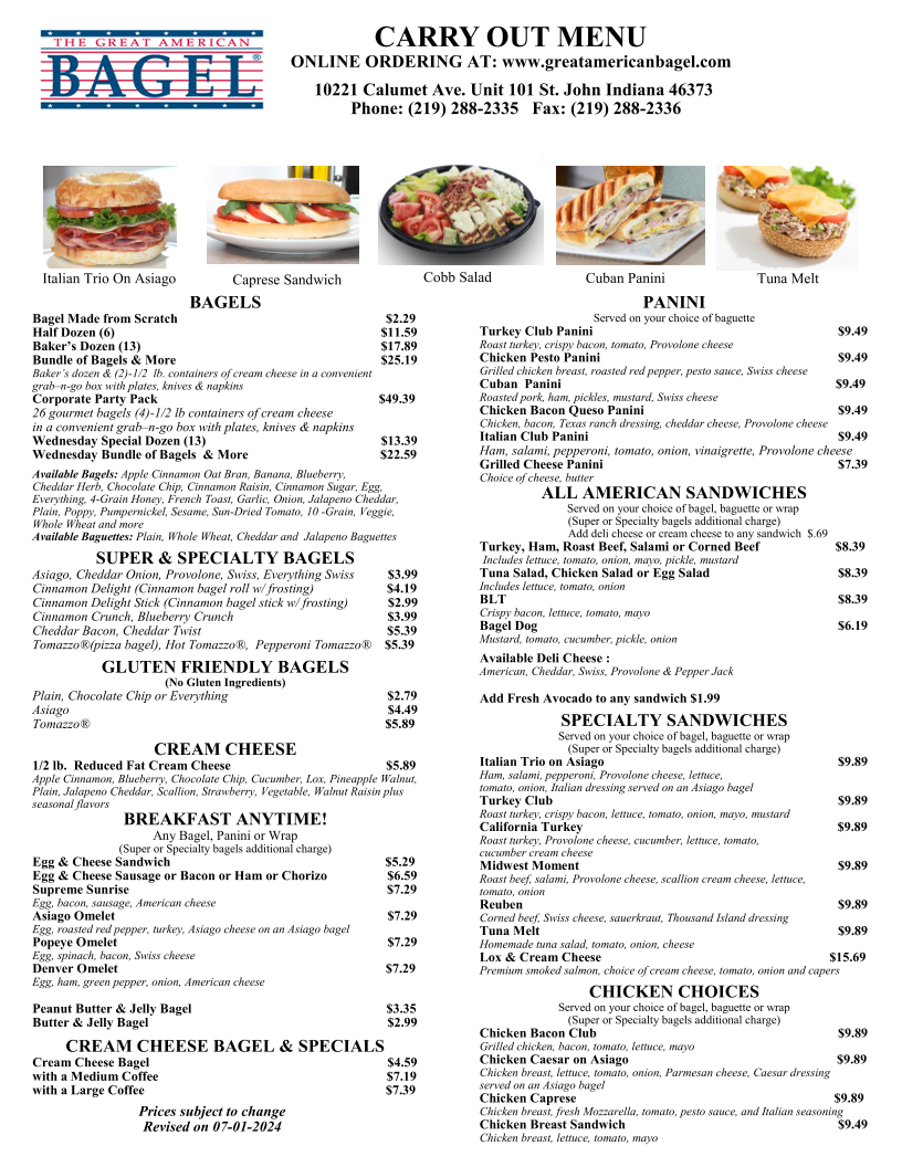 The Great American Bagel menu board