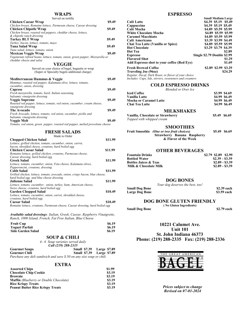 The Great American Bagel menu board