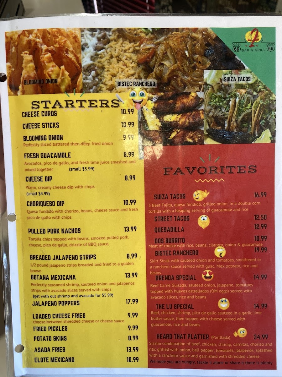 Rt. 66 Bar & Grill menu board