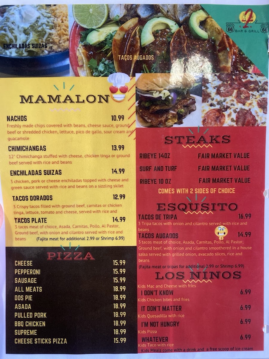 Rt. 66 Bar & Grill menu board