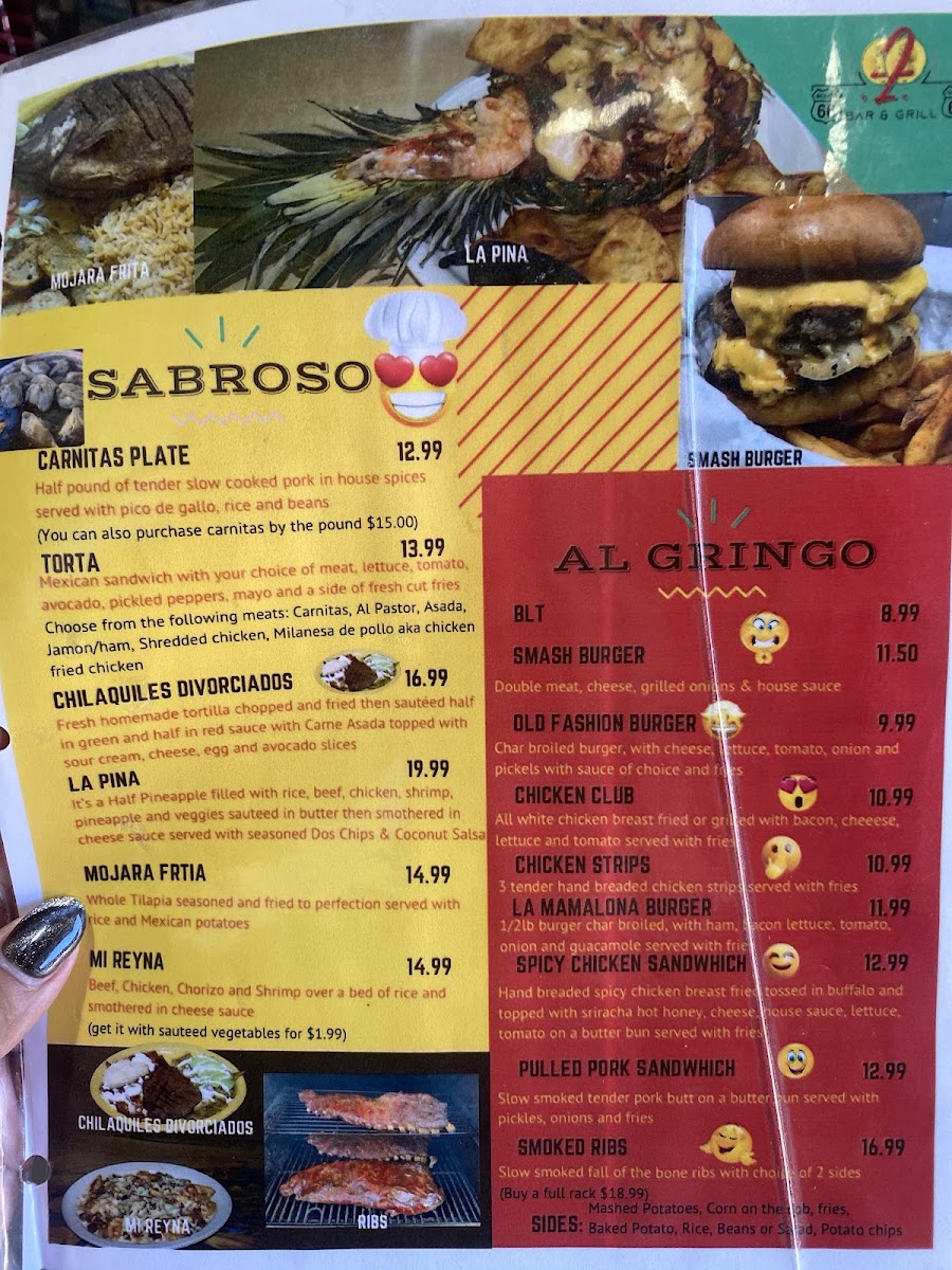 Rt. 66 Bar & Grill menu board