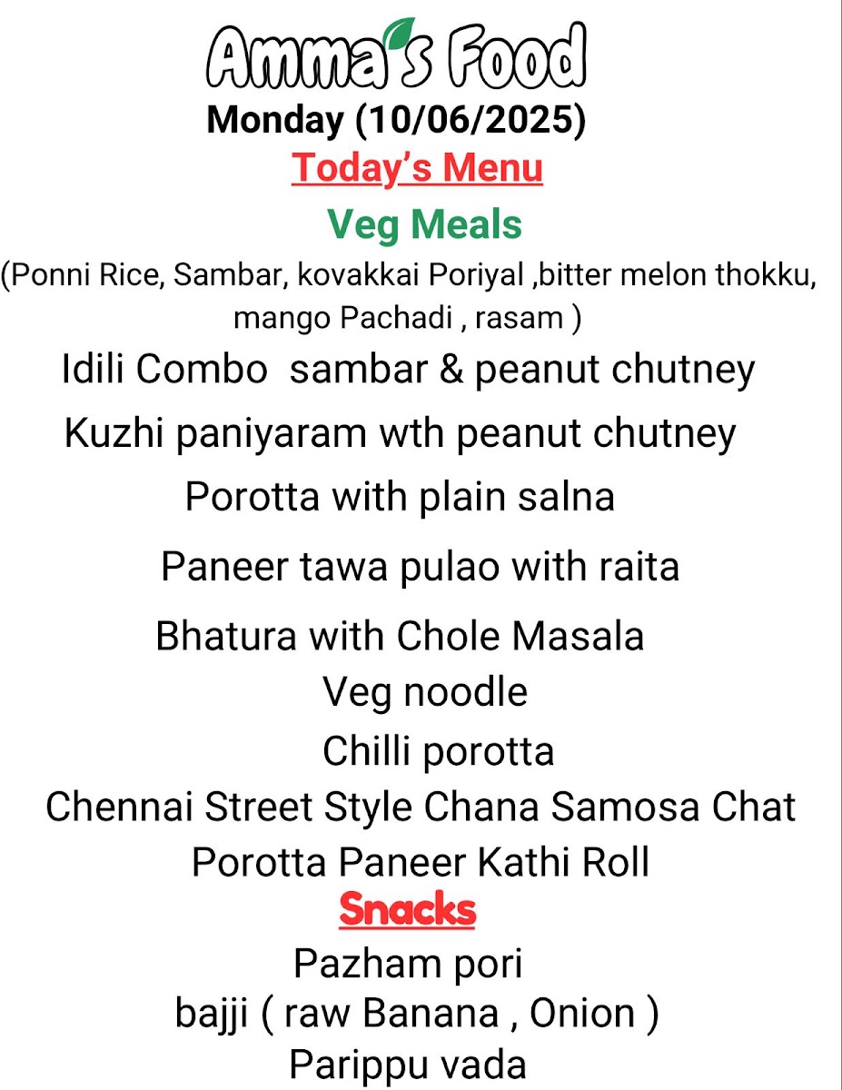 Ammas Food menu board