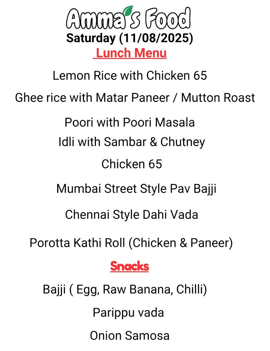 Ammas Food menu board