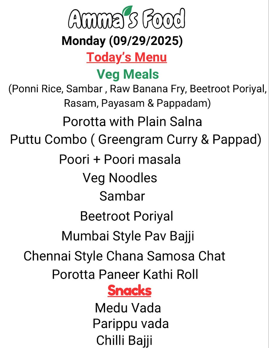 Ammas Food menu board