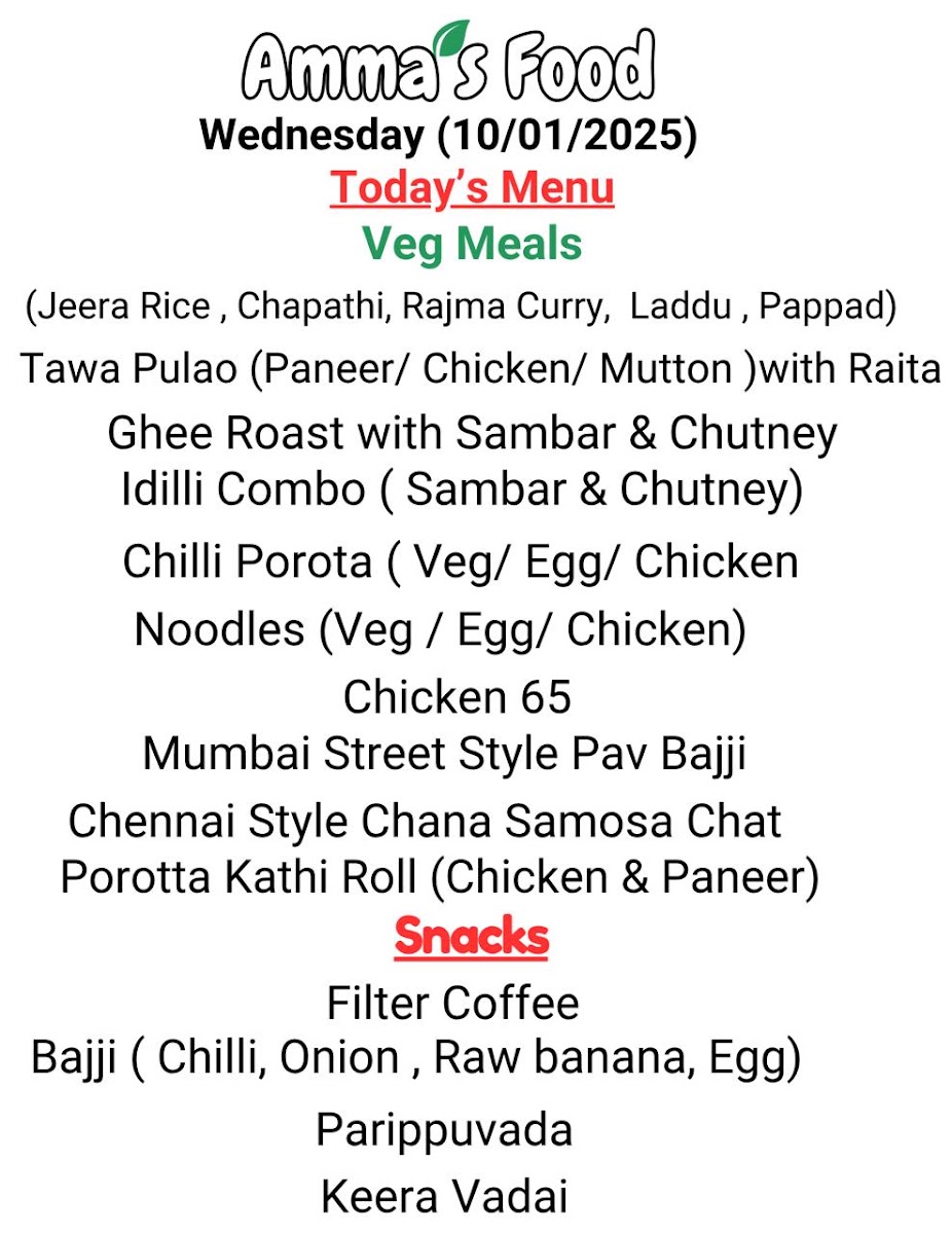 Ammas Food menu board