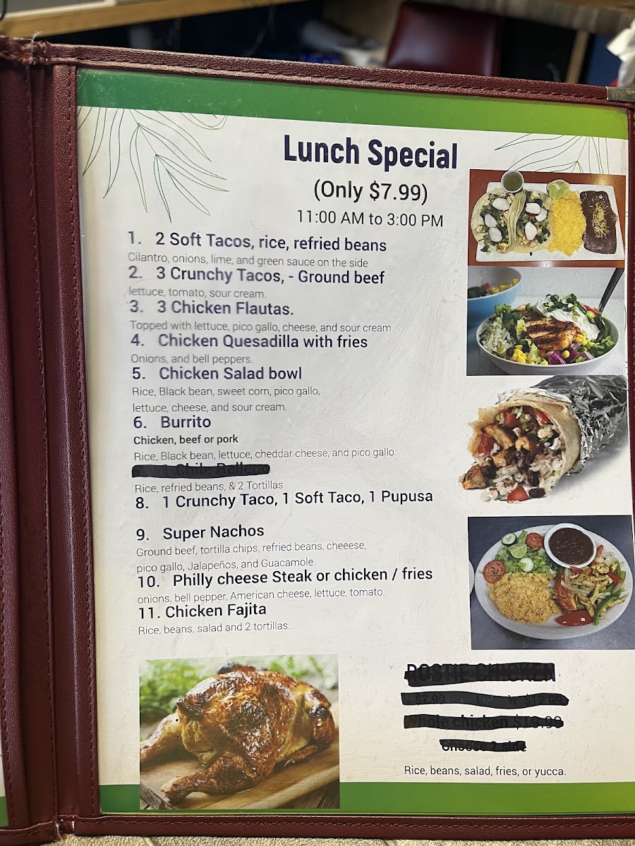 El Rinconcito Bar Y Restaurant menu board
