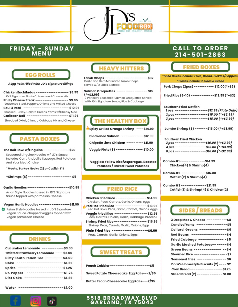 JDs Food Box Events & Catering menu board