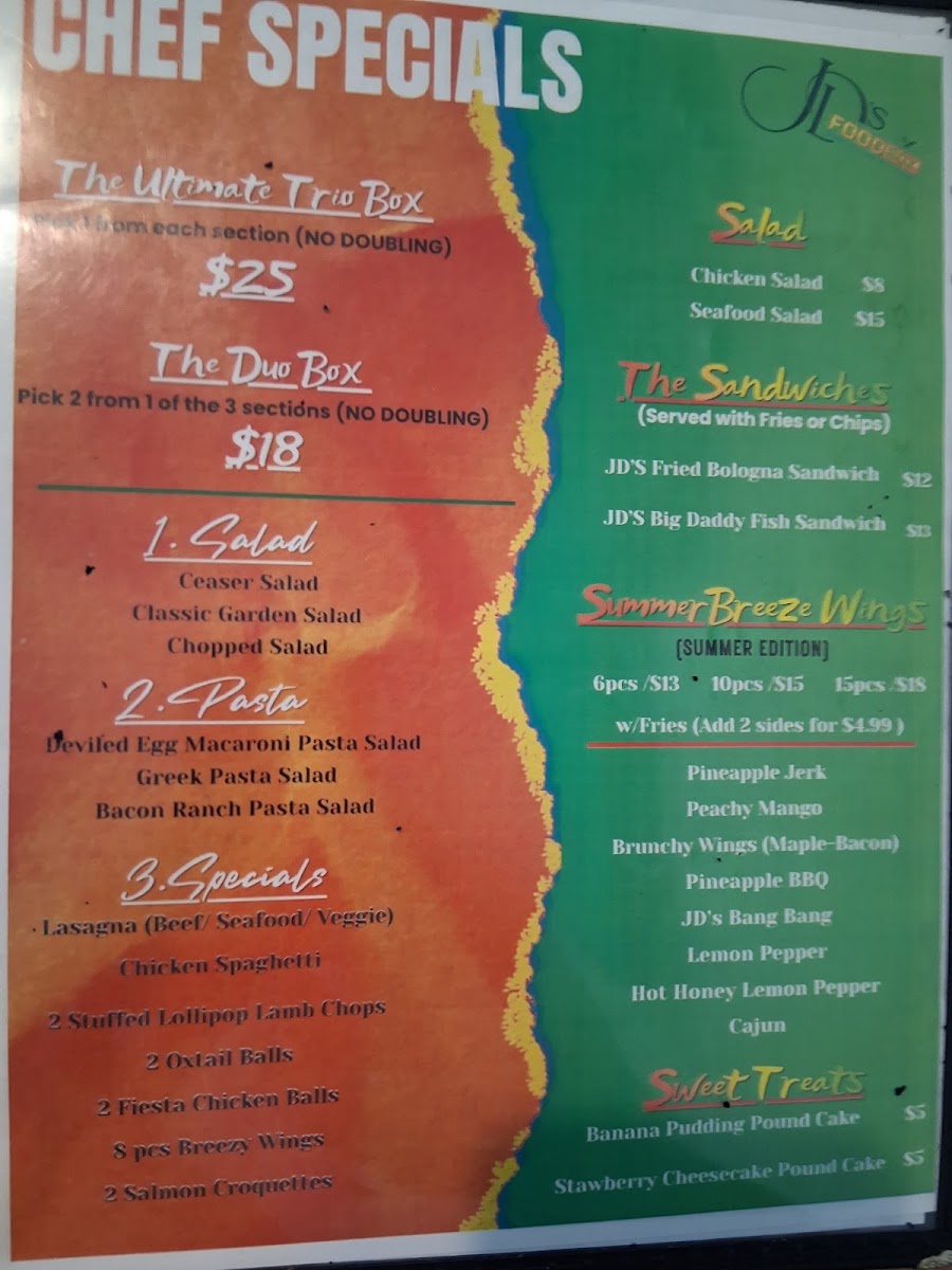 JDs Food Box Events & Catering menu board