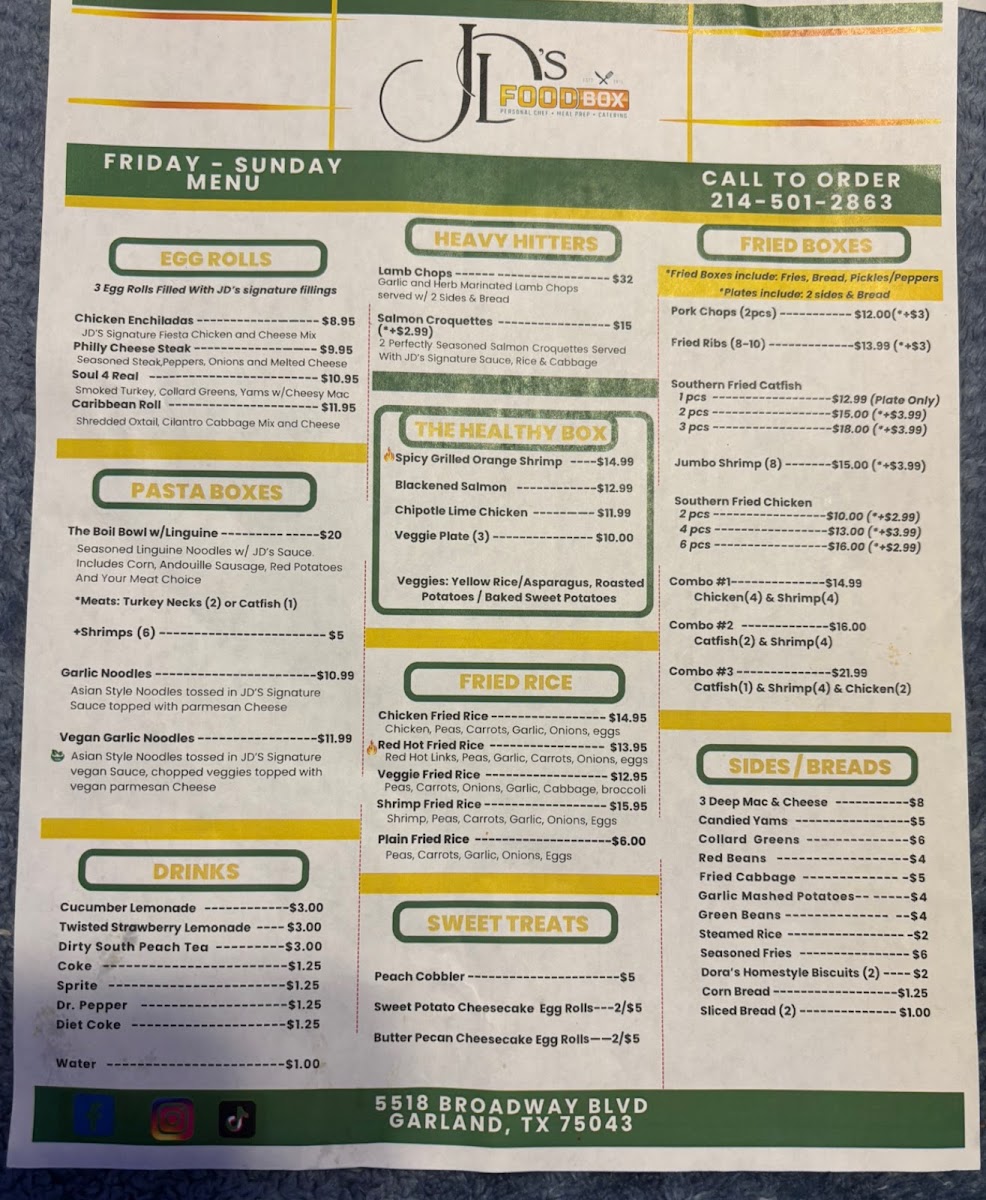 JDs Food Box Events & Catering menu board