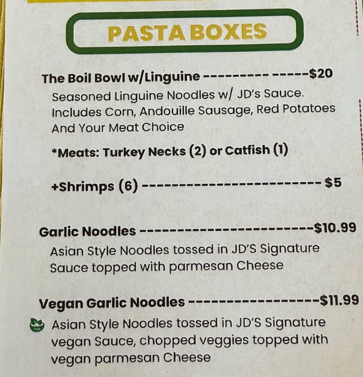 JDs Food Box Events & Catering menu board