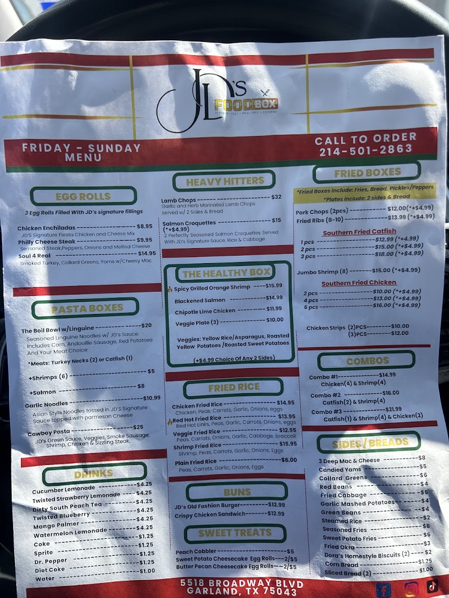 JDs Food Box Events & Catering menu board