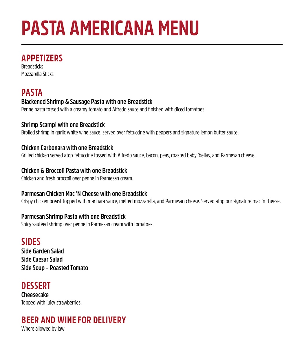 Pasta Americana menu board