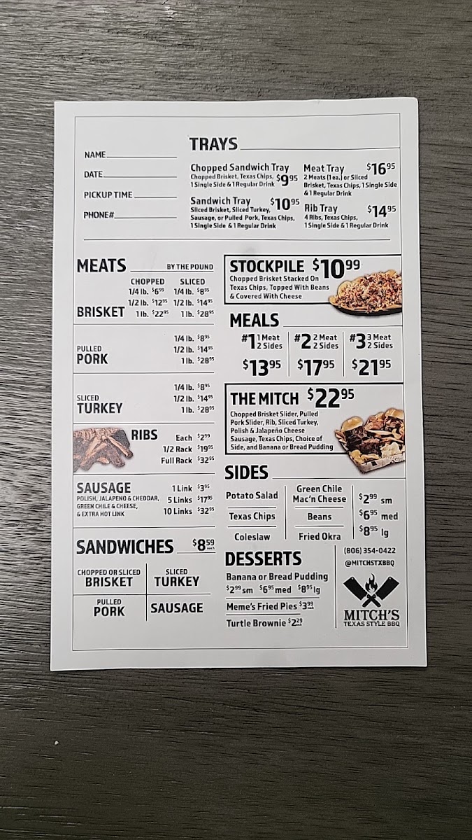 Mitch's Texas Style BBQ menu board