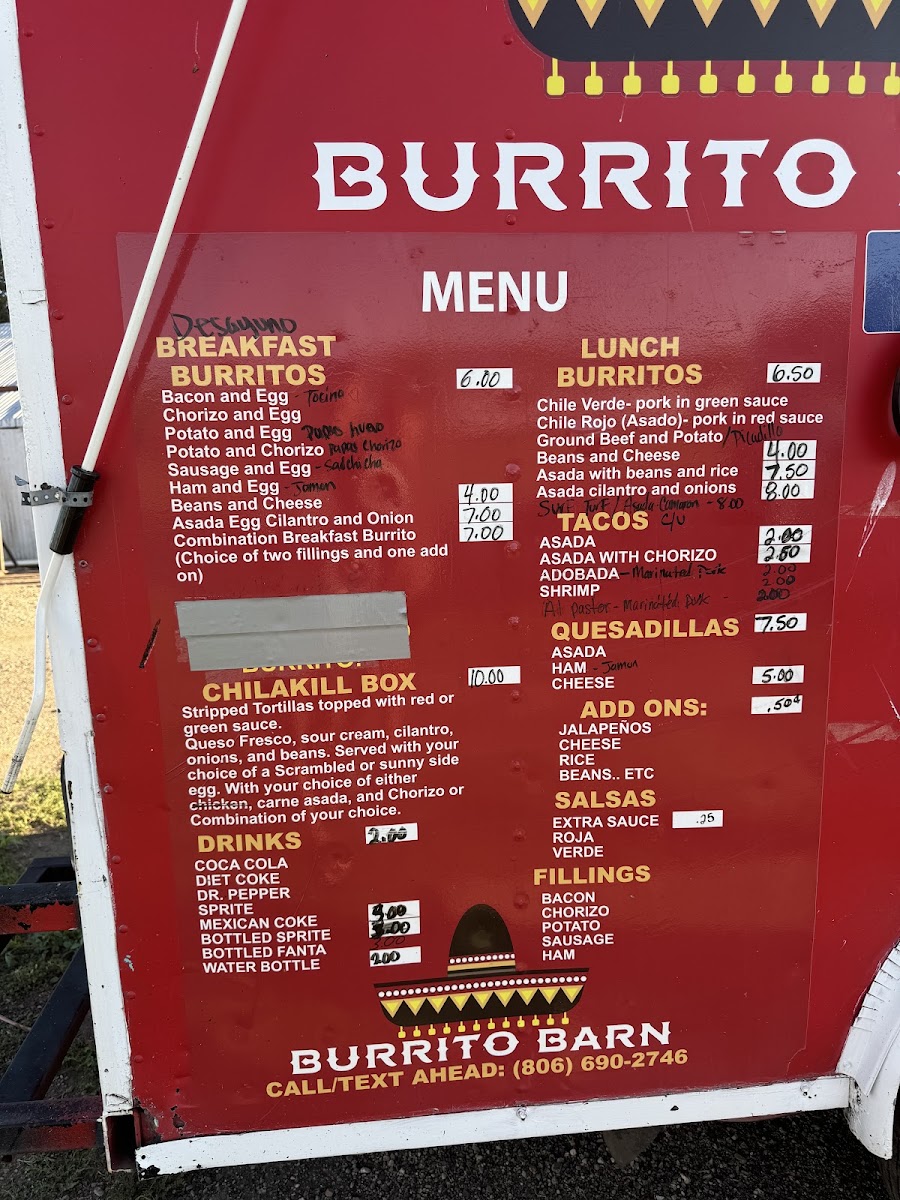 Burrito Barn menu board