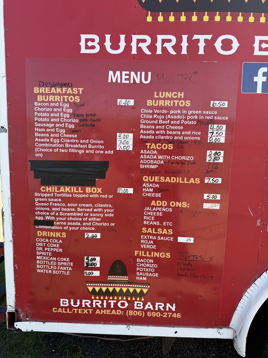 Burrito Barn menu board