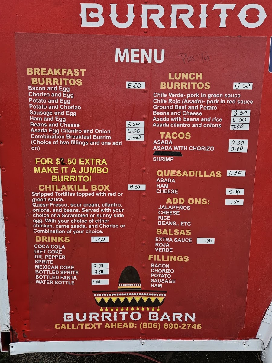 Burrito Barn menu board