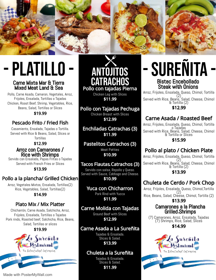 La Sureñita Restaurant menu board