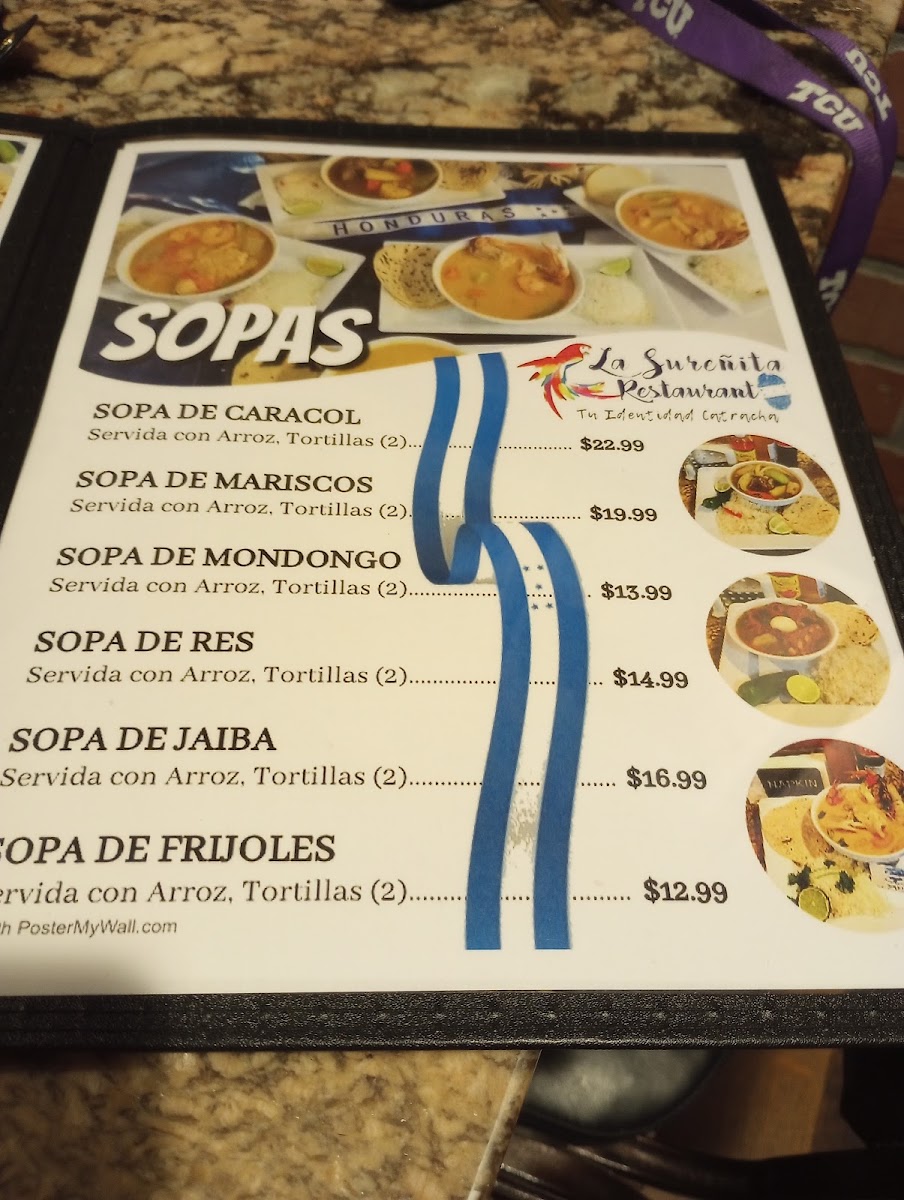 La Sureñita Restaurant menu board