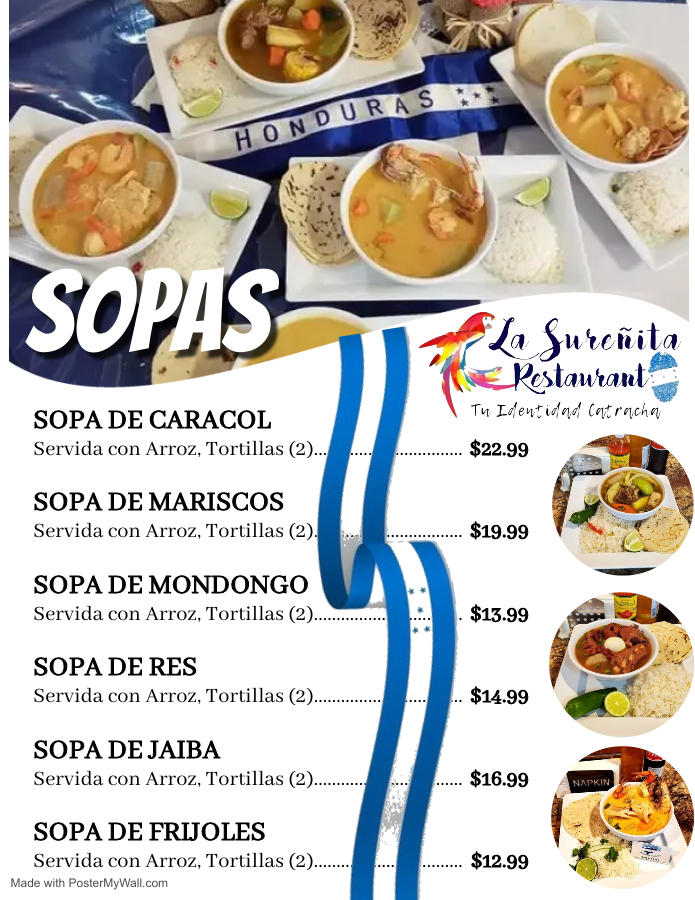 La Sureñita Restaurant menu board