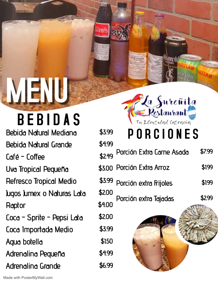 La Sureñita Restaurant menu board