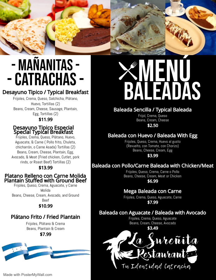 La Sureñita Restaurant menu board