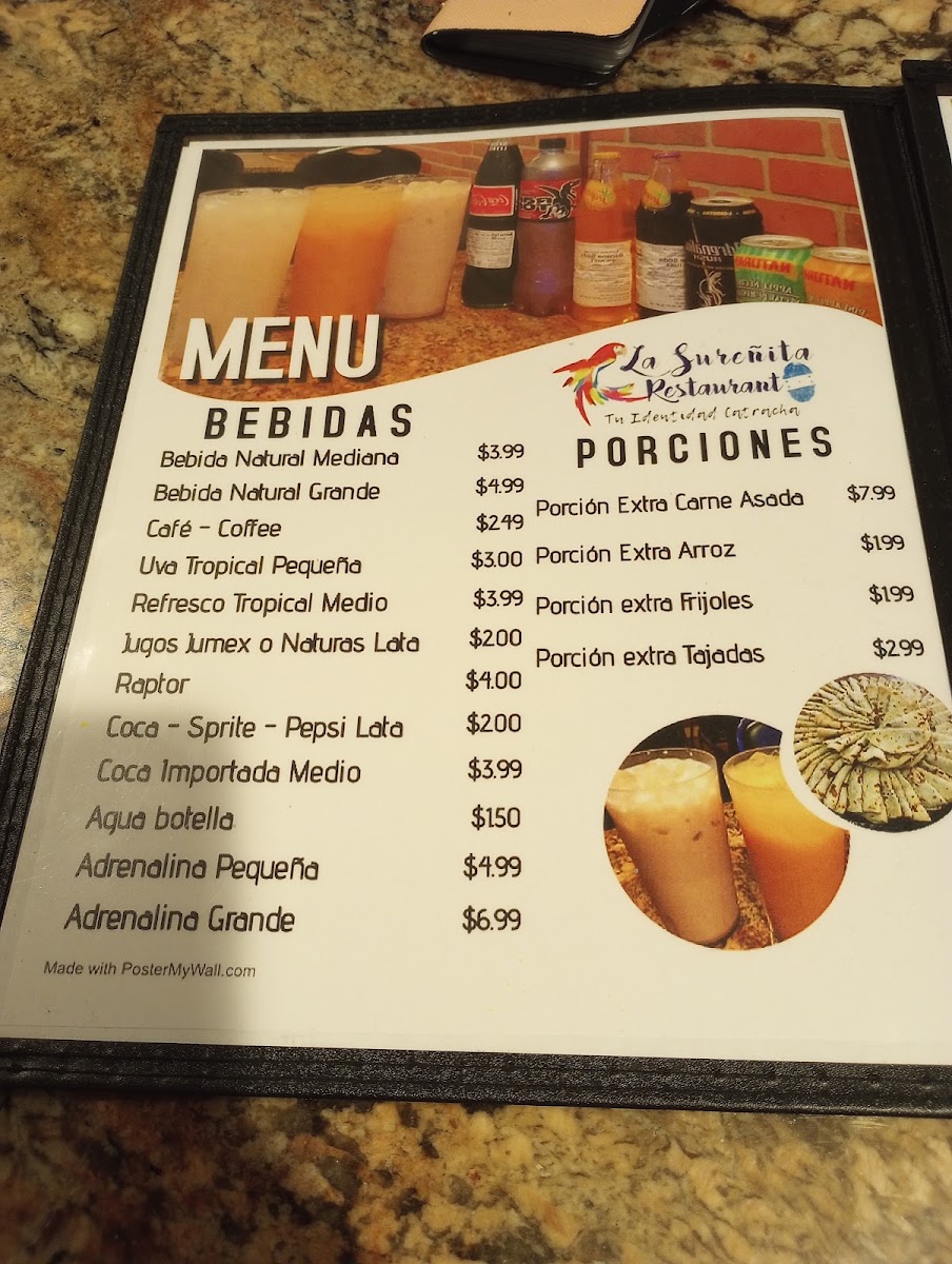 La Sureñita Restaurant menu board