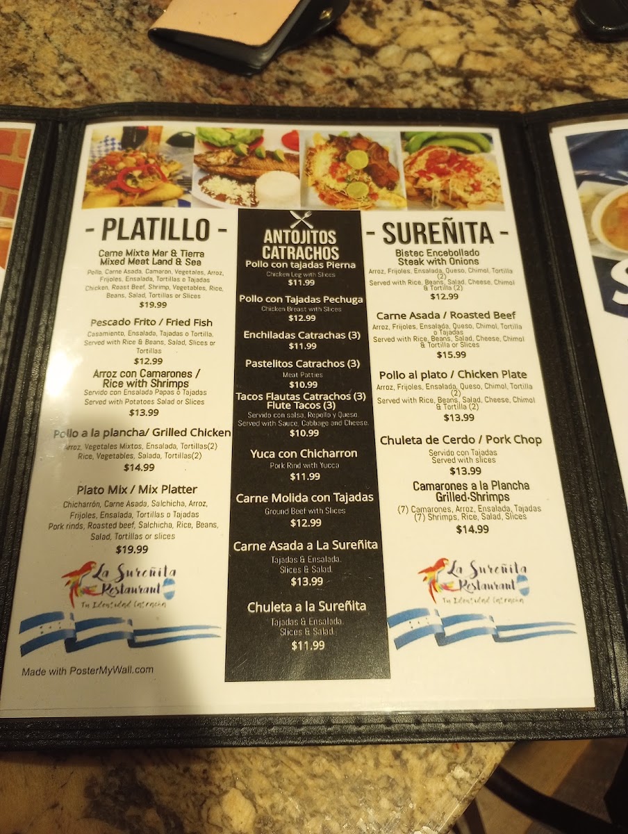 La Sureñita Restaurant menu board
