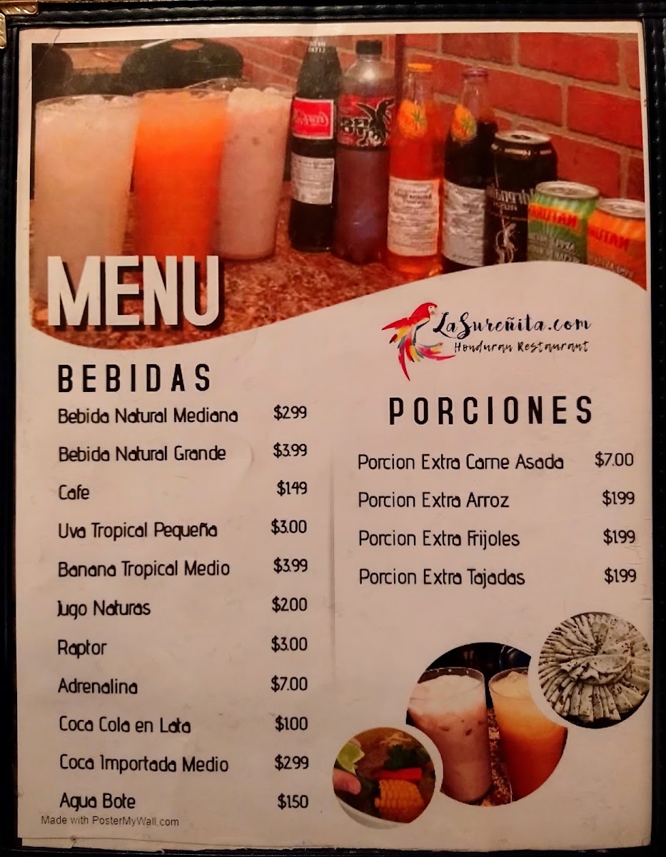 La Sureñita Restaurant menu board