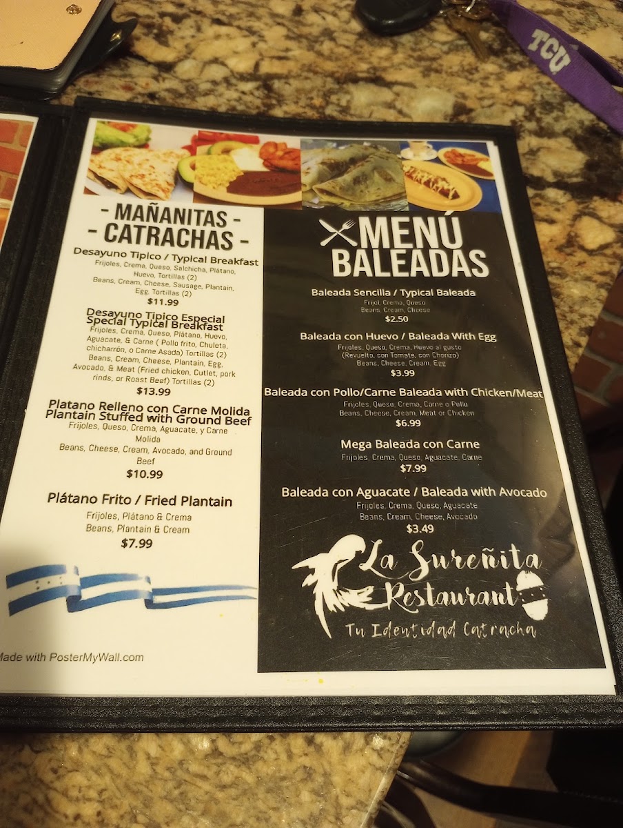 La Sureñita Restaurant menu board