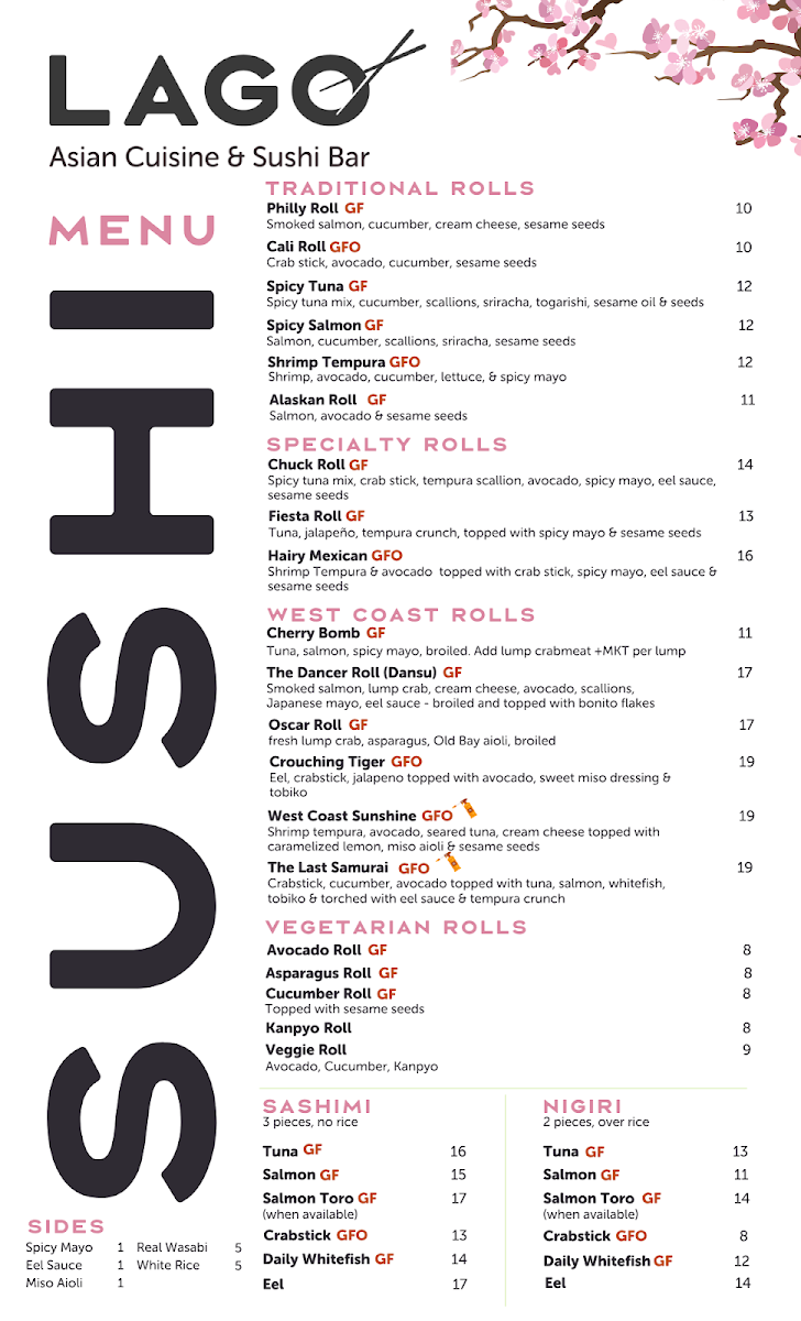 Lago Asian Cuisine & Sushi Bar menu board