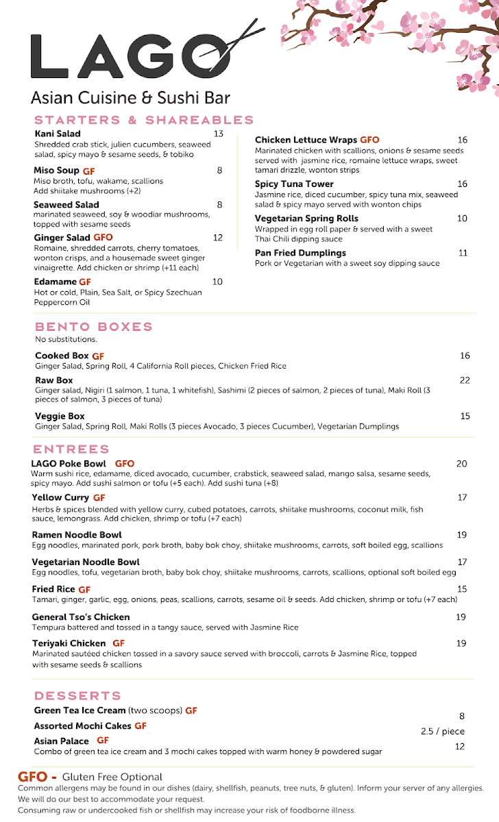 Lago Asian Cuisine & Sushi Bar menu board