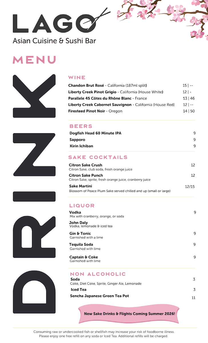 Lago Asian Cuisine & Sushi Bar menu board