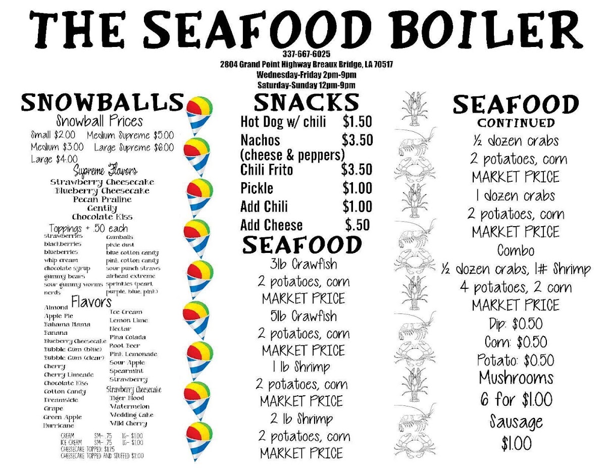 The Seafood Boiler menu board