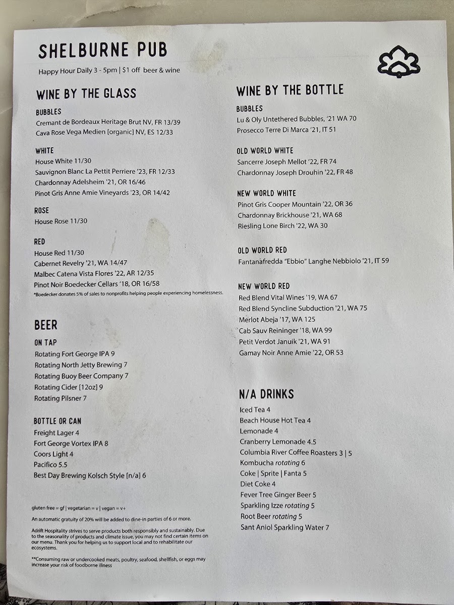 The Pub at Shelburne Hotel menu board