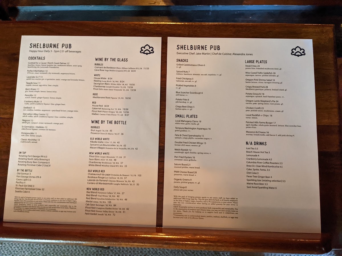 The Pub at Shelburne Hotel menu board