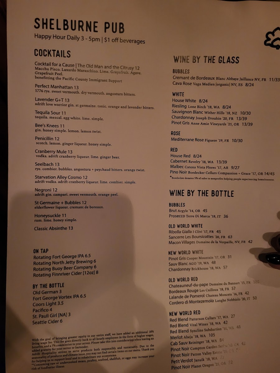 The Pub at Shelburne Hotel menu board