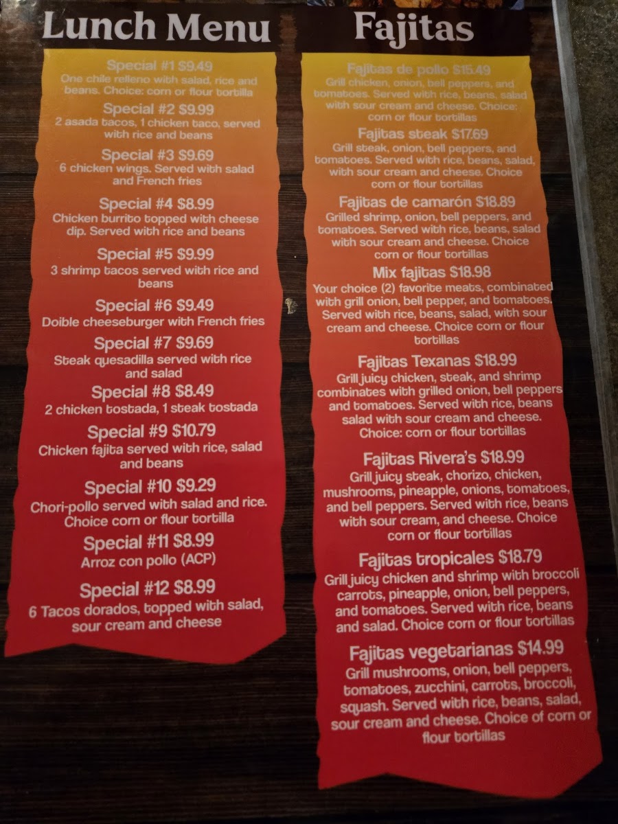 RIVERA’S RESTAURANT menu board