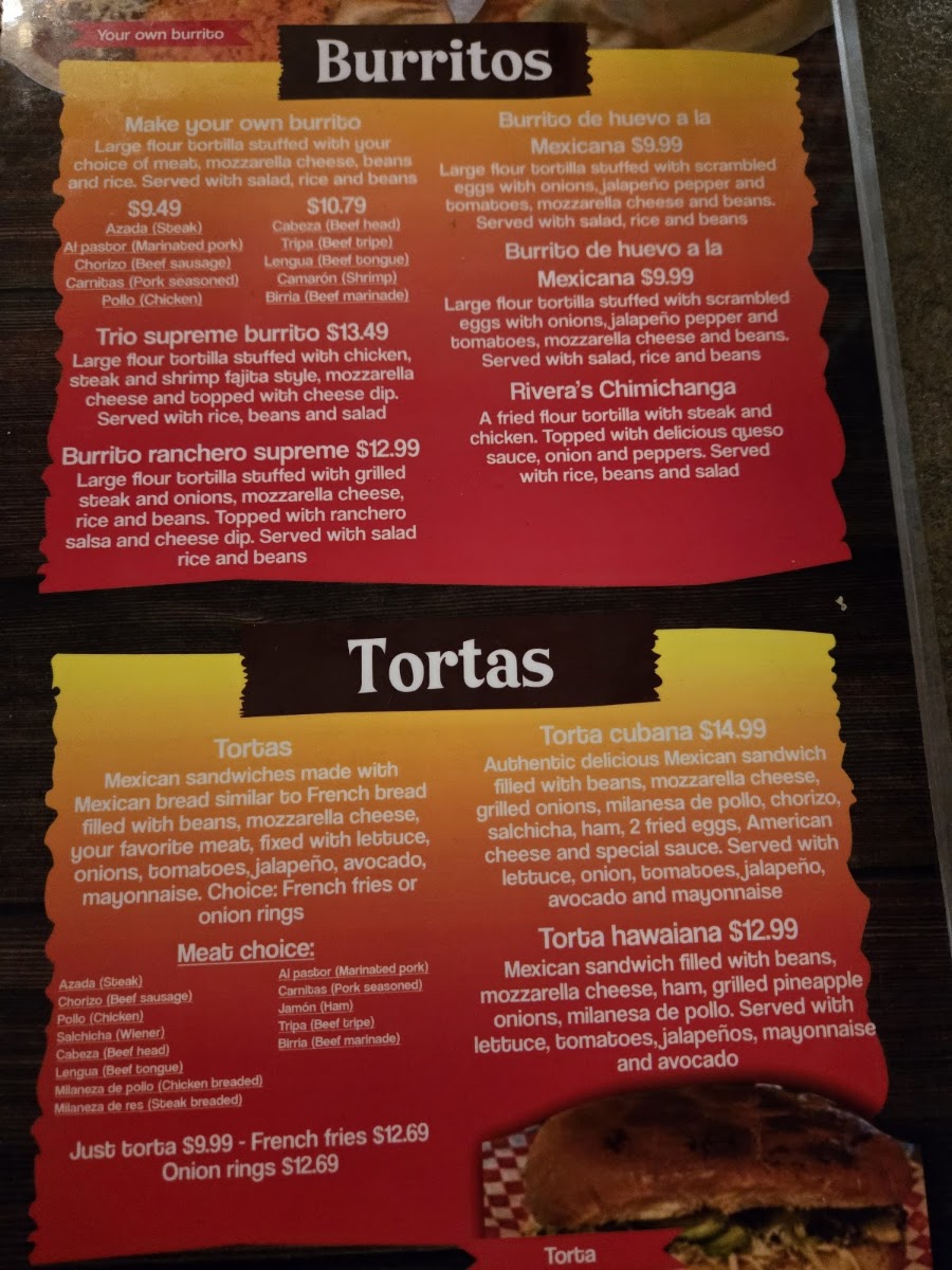 RIVERA’S RESTAURANT menu board