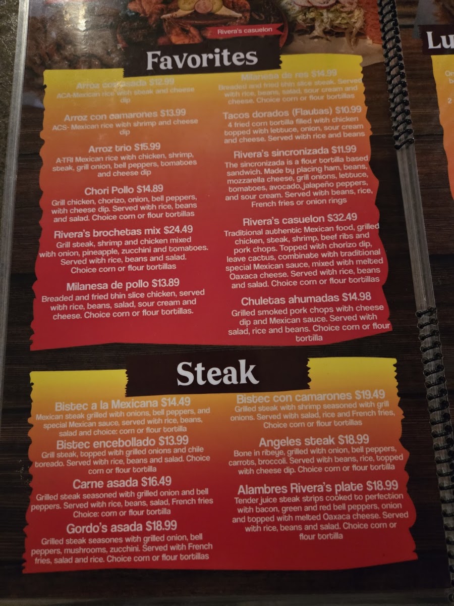 RIVERA’S RESTAURANT menu board