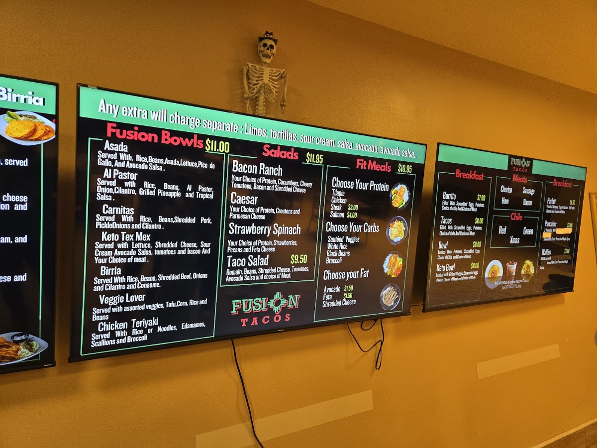 Fusion Tacos Pojoaque menu board