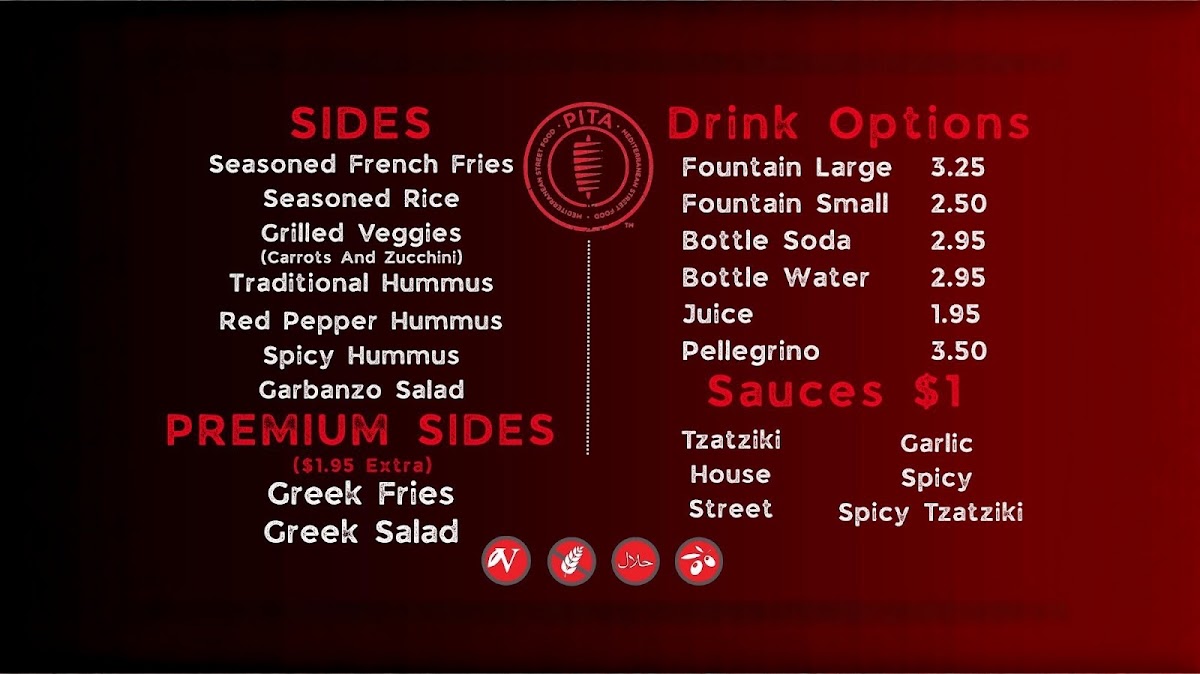PITA Mediterranean Street Food - Dallas menu board