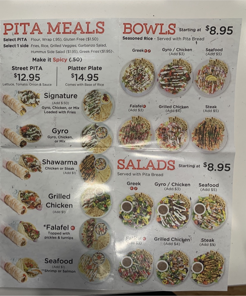 PITA Mediterranean Street Food - Dallas menu board