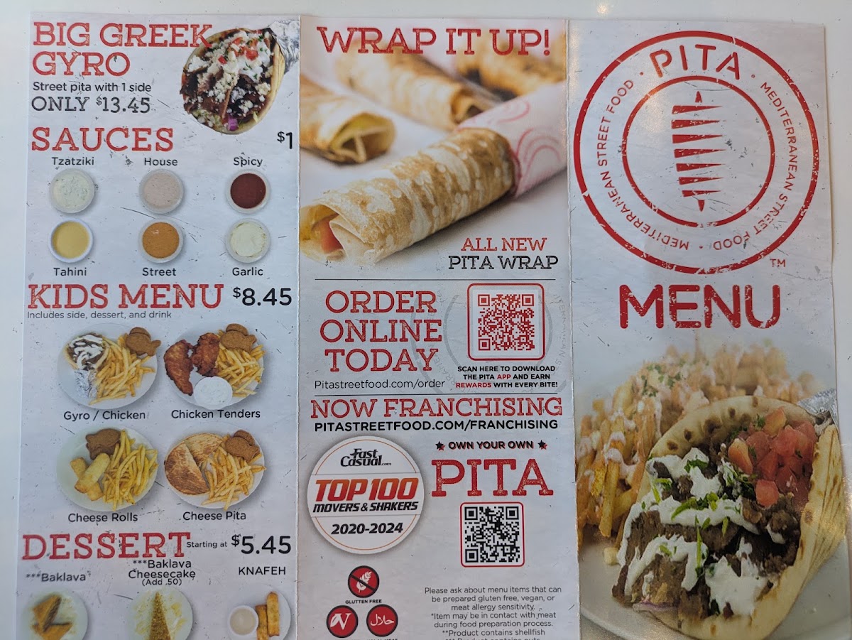 PITA Mediterranean Street Food - Dallas menu board