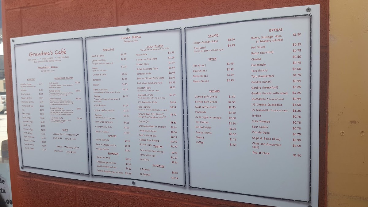 Grandma's Cafe menu board