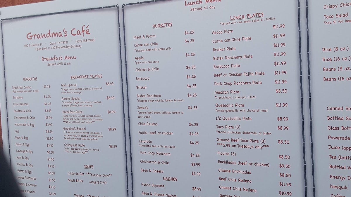 Grandma's Cafe menu board