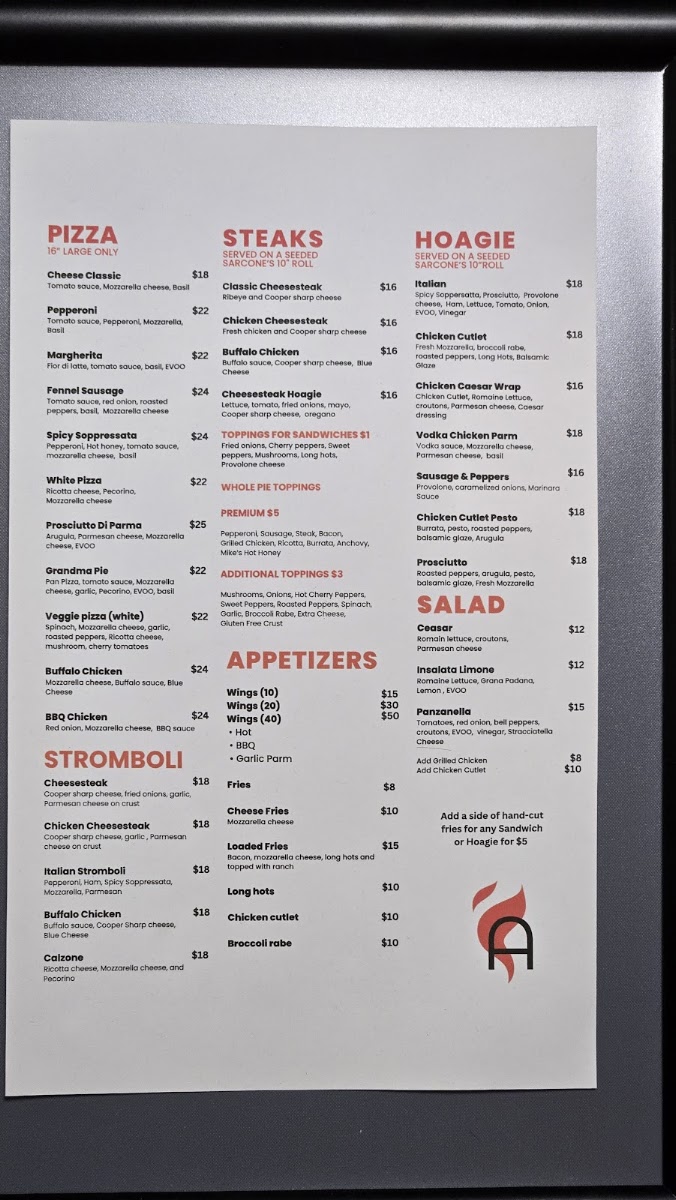 Alessandro's Pizzeria menu board