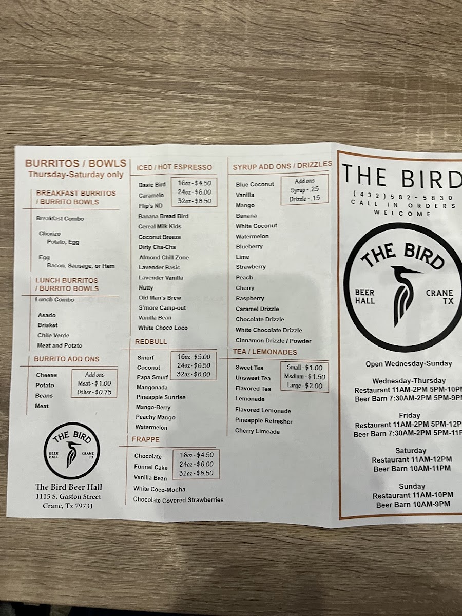 The Bird Beer Hall menu board